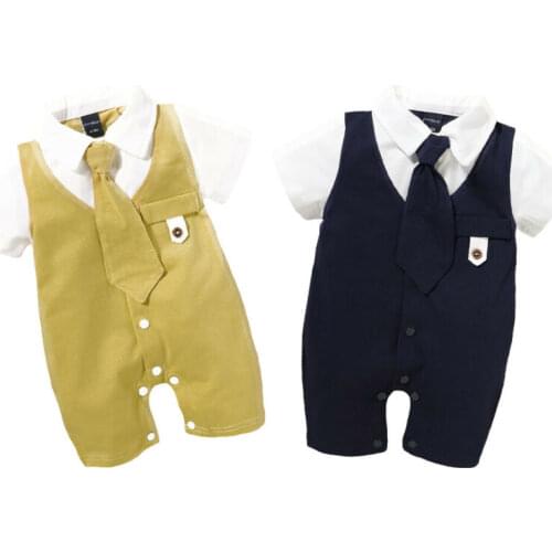 0-18M Newborn Kids Baby Boys Romper Outfits Sets Tie Patchwork Jumpsuit Romper Gentleman Clothing