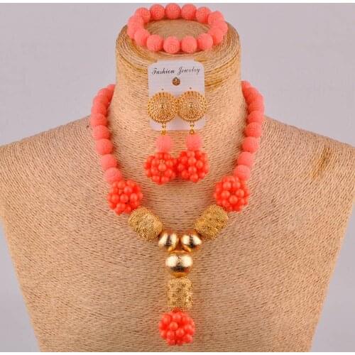 Coral Bead Pink Round African Jewelry Metal Accessories Jewelry Fashion Necklace Nigeria Wedding Jewelry Set SH-13