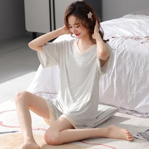 Sweet Womens Pajamas V Neck Casual Homewear Set Short Sleeve Pant Summer Sleepwear Pijamas New Modal Pyjama Femme 3XL 11 Color