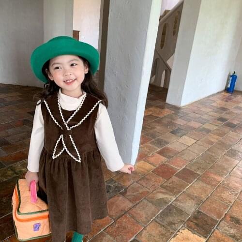 2021 Autumn New Childrens Clothing Girls' Bow Tie Corduroy Vest Skirt Bottoming Shirt