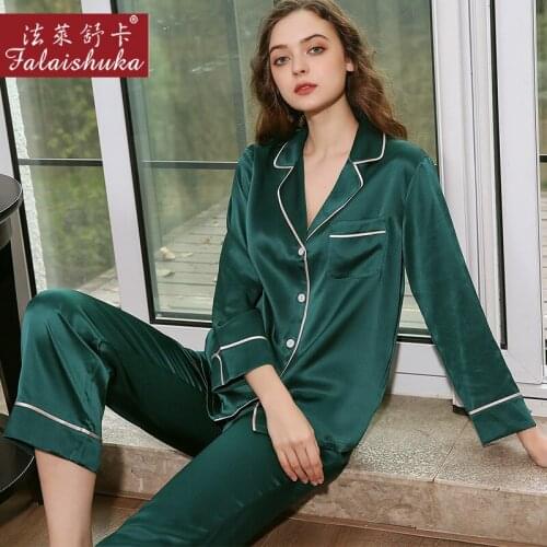 New 100% genuine silk pajamas sets women sleepwear Korean Elegant ArmyGreen fashion 100% pure silk womens pyjamas T8262