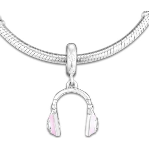 Fits for Pandora Charms Bracelets Headphones Hanging Beads with Pink Enamel 100% 925 Sterling-Silver-Jewelry Free Shipping