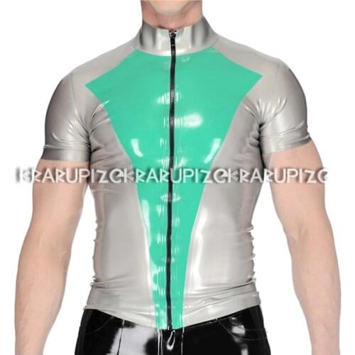 Silver With Jade Green Trims Sexy Latex Jackets Short Sleeves Zip At Front Rubber Tops Clothes Plus Size YF-0190