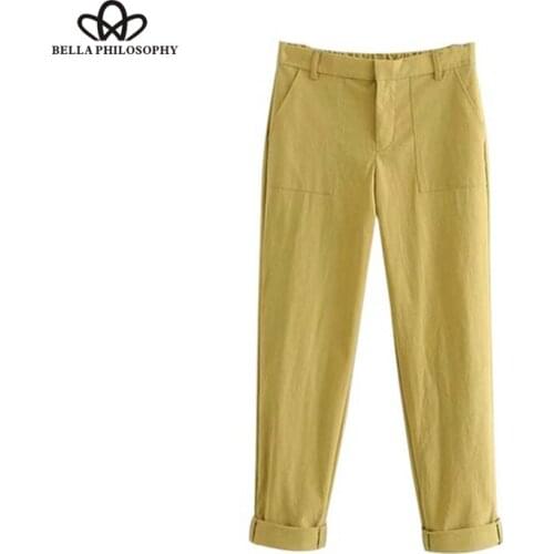 Bella Philosophy women cozy basic pants pockets elastic waist zipper fly design ladies chic ankle length trousers pantalones