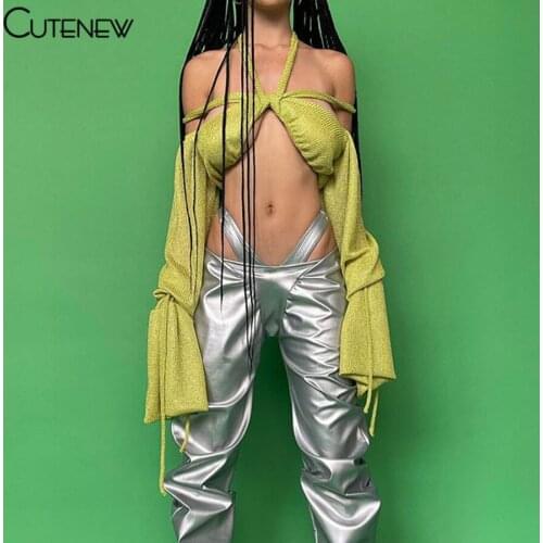 Cutenew Y2K Sexy Backless Cross Halter Bandage Crop Tops Women Autumn Trend Off Shoulder Long Sleeve T-Shirt Lady Party Clubwear