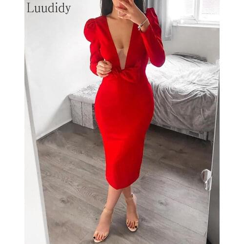 Women Solid Puff Sleeve Butterfly Design Bodycon Dress Sexy Party Dresses