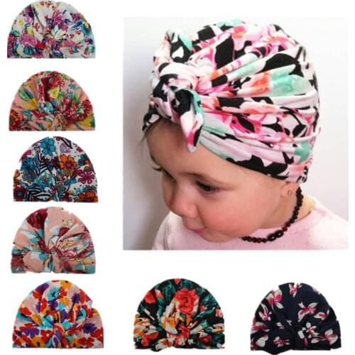 1 PCS Soft Skin-friendly Baby Girls Print Hats Handmade Knotted Toddler Caps Fashion Flowers Pattern Bunny Ears Infant Headwear