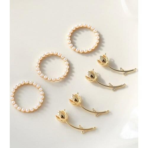 2pcs Korean Japan zircon double hanging bouquet Earrings for Women Vintage pearl hollow round diy jewelry necklace accessories