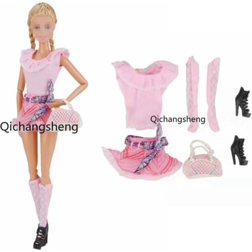 1/6 BJD Dolls Accessories Pink Ruffled Shirt & Skirt & Socks & Shoes & Handbag Fashion Outfits Set For Barbie Doll Clothes Toys