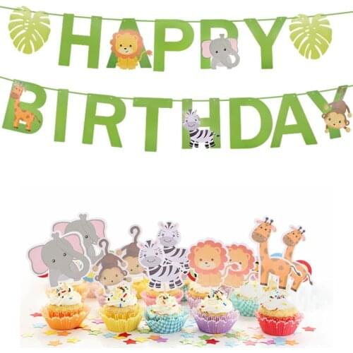 Happy Birthday Banner Bunting Paper Cartoons Cake Topper Birthday Party Hanging Garland Banner Girs Boys Baby Shower Decorations