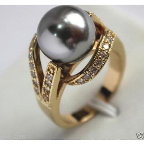 FREE SHIPPING>>>12mm Real Gray South Sea Shell Pearl Ring Size 6/7/8/9 AAA Grade