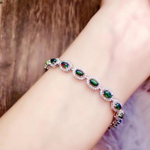 100% Black Opal Natural and Real Black Opal chain bracelet Natural real Black Opal 925 sterling silver Fine jewelry