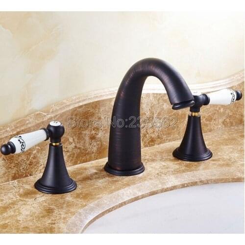 Oil Rubbed Bronze Widespread Bathroom Basin Faucet Dual Handle 3 Holes Basin Mixer Sink Taps Deck Mounted lhg082