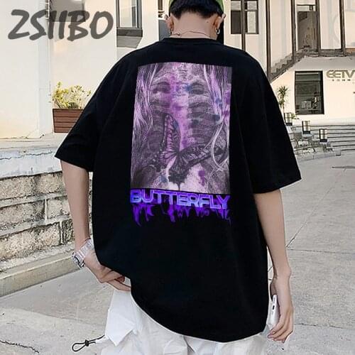 Harajuku Mens tshirt Purple Butterfly Letter Print Short Sleeve Casual Unisex Oversize T-Shirt Cotton Streetwear Tops Hip Hop
