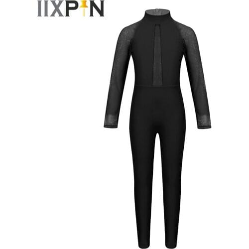 Girls Gymnastics Leotard ballet dress Kids Mesh Long Sleeves Mock Neck Zippered Ballet Dance costume Jumpsuit Unitard Dancewear