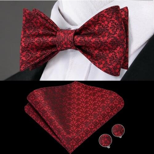 Hi-Tie Adjustable Butterfly Self Bow Tie for mens 100% Silk Floral Paisley Male Classic Wedding Party Golden Red Bow Tie Set