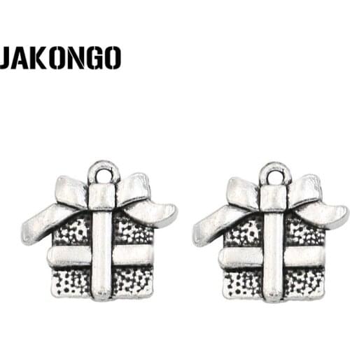 JAKONGO Antique Silver Plated Christmas Gift Box Charm Pendants Handmade Jewelry Accessories Making fit Bracelet DIY 16x15mm