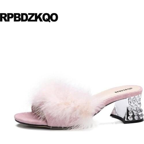 Kawaii Pink Big Size Crystal Designer Shoes Women Luxury 2017 Feather Slides Fluffy High Heels Furry Pumps Block Fur Sandals