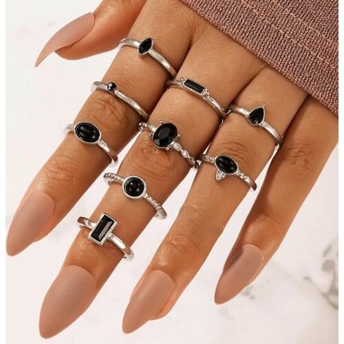 Docona 10pcs/set Luxuey Rhinestone Finger Rings for Women Trendy Black Dropping Oil Geometry Ring Set Lady Wedding Jewelry 19724