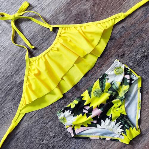 5-14 Years Girl Swimsuit Ruffle Teenage Girl Bikini Set Bandage Two Piece Childrens Swimwear High Waist Girls Bathing Suit 2021