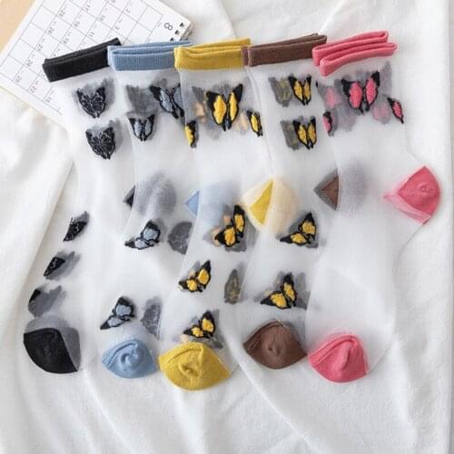 Summer Butterfly Pattern Socks Fashion Women Girls Transparent Harajuku Cute Embroidered Glass Silk Sock