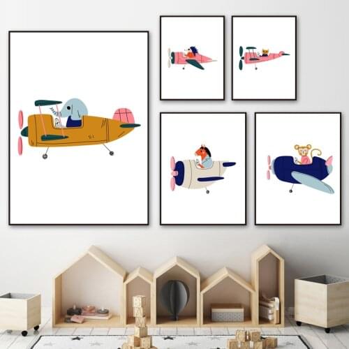 Cute Aircraft Bear Elephant Hedgehog Nordic Posters And Prints Wall Art Canvas Painting Cartoon Wall Pictures Kids Room Decor