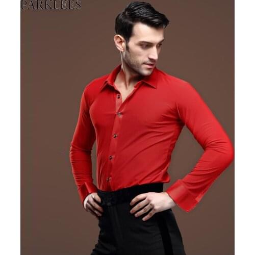 Mens Red Dance Shirts Competition Performance Ballroom Dancewear Latin Tango Foxtrot Waltz Flamenco Rumba Samba Salsa Chemise
