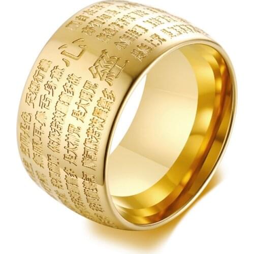 Buddhist Heart Sutra Men Ring 316L Stainless Steel Round Gold Ring Men Hip Hop Rock Jewelry Size 7-10