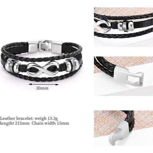 2019 New Fashion Black Multi-storey Leather Bracelet Men Hand Weave PU Leather Bracelet Bangles Trendy Metal Cuff Jewelry