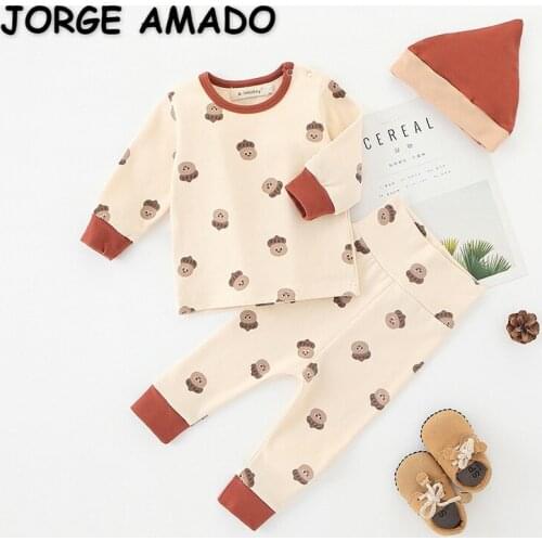 2021 New Autumn Kids Girls Pajamas 3-pcs Sets Round Collar Cartoon Hazelnut Bodysuit Top + Pants +cap Newborn Clothes E0112