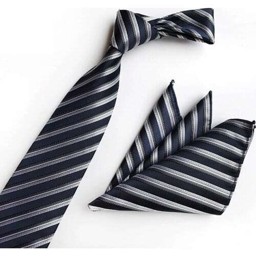 New Design Men Necktie Set Stylish Diagonal Striped Ties Cravat with Pocket Square