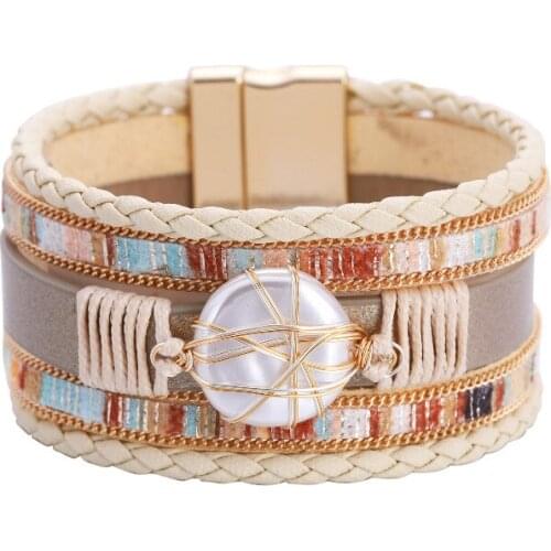 ORNAPEADIA New Multi-layer Woven Bracelet for Women Bohemian Pu Retro Pearl Piece Magnetic Clasp Bracelet Wholesale Bangles
