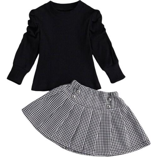 1-7Y Fashion Kids Girls Spring Clothes Sets Puff Sleeve Solid Color Knitted Pullover Top+Plaid Skirts 2PCS Infant Clothing