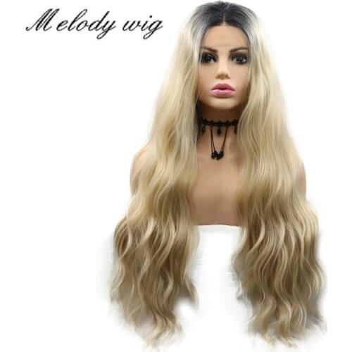 Melody Synthetic Lace Front Wig Heat Resistant Dark Roots Ombre Blonde Blonde Long Water Wave for Women Natural Looking Cosplay