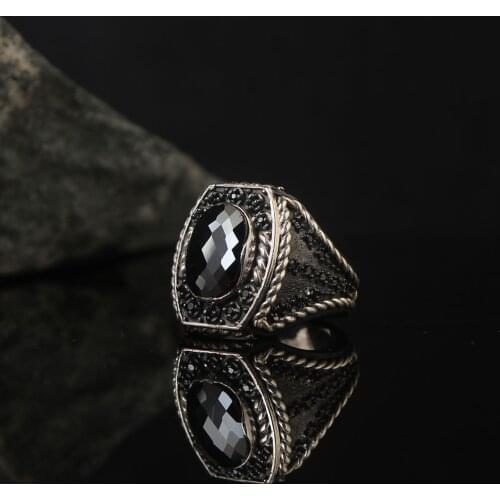 Black Zircon 925 Silver Engraved Traditional Handmade Turkish Signet Ring Jewelry Gift for Women Men