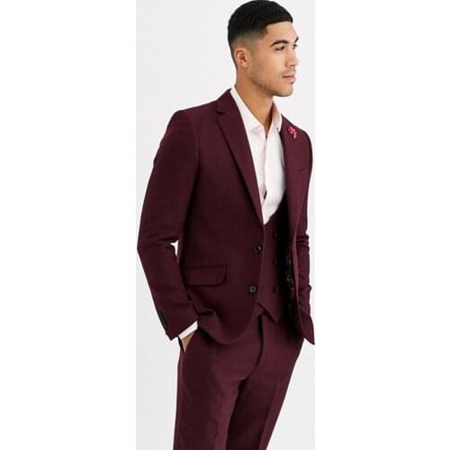 Custom Made Groomsmen Burgundy Groom Tuxedos Notch Lapel Men Suits Wedding Best Man 3 Pieces ( Jacket+Pants+Vest+Tie ) C874