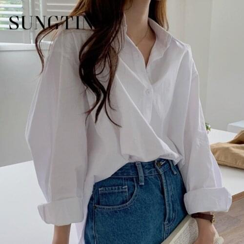 Sungtin Korean Fashion Solid Loose Blouse Shirts for Women Casual Button Up White Blouses Basic Cozy Long Shirt Tops BF 2021