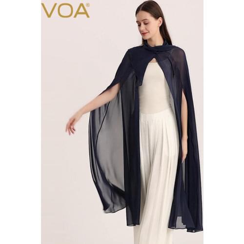 VOA Silk Georgette Women Coats Blue Dark Button Asymmetric Design Ruffled Solid Color Shawl Cloak Fashion Trench Coat FE155