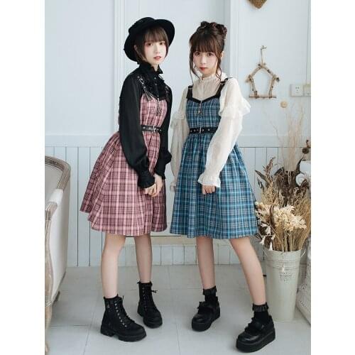 Japanese Women Harajuku Sleeveless Sweet Dress Lolita Style Plaid Tank Dress Jsk Christmas Party Club Dress
