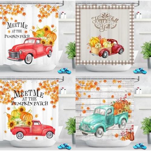 Autumn Rustic Red Pickup Truck Shower Curtains Fabric Waterproof Maple Leaves Pumpkin Bathroom Curtain Thanksgiving Home Decor
