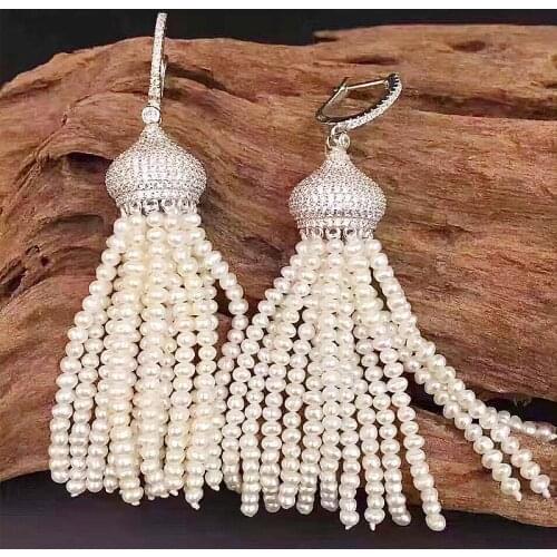 Handmade jewelry Natural freshwater pearl beaded tassel drop long dangle earrings for women