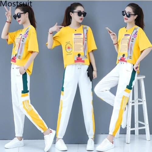 2019 Summer Casual Sport Two Piece Sets Tracksuit Outfits Women Plus Size Printed T-shirts And Pants Suits Korean Fashion Sets
