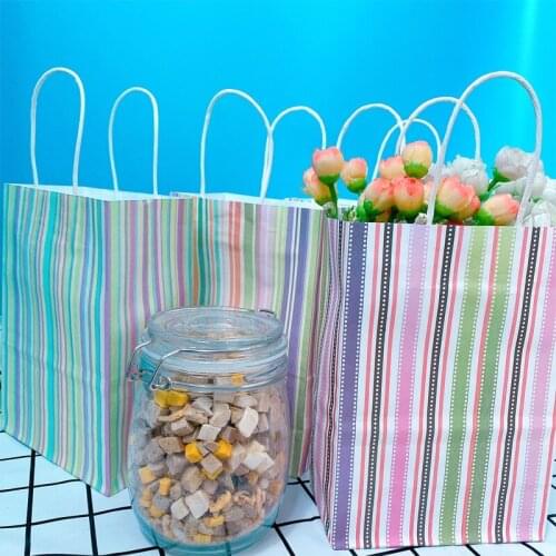 10pcs Retro Striped Paper Bag With Handles Stationery Storage Kraft Child Party Birthday Food Paper Gift Packing Treat Supplies