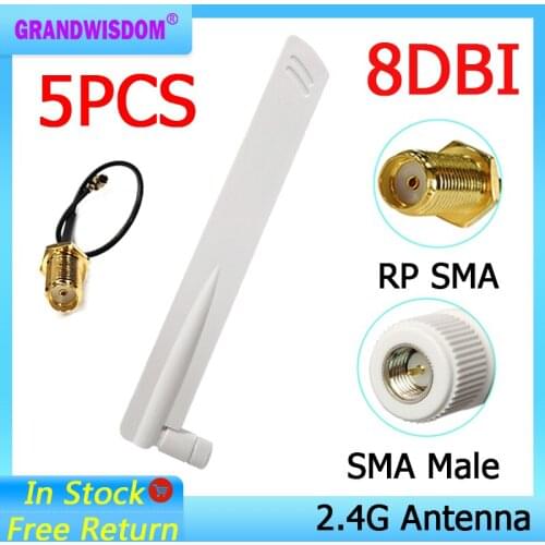 5pcs 2.4Ghz Wifi antenna 8dbi SMA Male Omni-Directional 2.4 ghz antenne Router wi fi Antena +21cm RP-SMA Male Pigtail Cable