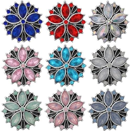 5pcs/lot New Mixed Snap Jewelry Rhinestone Crystal Flower 18MM Metal Snap Buttons Jewelry Fit Snap Bracelet Christmas Gifts