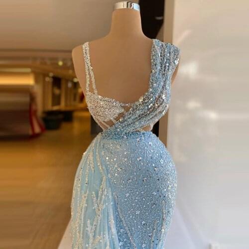 Luxury Sky Blue Evening Dresses Crystals Beaded Sleeveless Mermaid Long Length Tulle Sexy Women Prom Pageant Gowns 2021