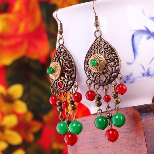 BOEYCJR Ethnic Vintage Jewelry Natural Stone Beads Tassel Drop Dangle Hook Earrings For Women Christmas Aretes Ohrringe