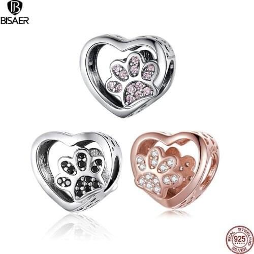 BISAER Animal Love Beads 925 Sterling Silver Dog Cat Footprints Charms fit Pink Zircon Bracelets DIY Jewelry Making ECC1191