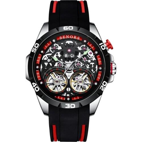 Unique Fly Wheels Hollow out Mechanical Watch Men Sport Military Steampunk Skeleton Automatic Self Winding Silicone Watch Reloj
