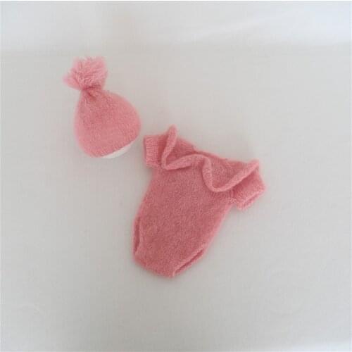 Pink Newborn Handmade Knit Hat And Crochet Hooded Romper Set Photo Prop Mohair Baby Romper Sets For Baby Photography Outfits